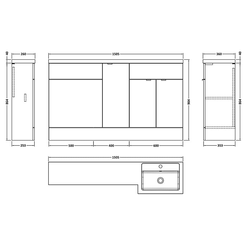 Hudson Reed Fusion Floor Standing Triple Door 1500mm Vanity Basin & WC Unit - Right Hand Combination (1 size, 5 colours) - Brand New Bathrooms