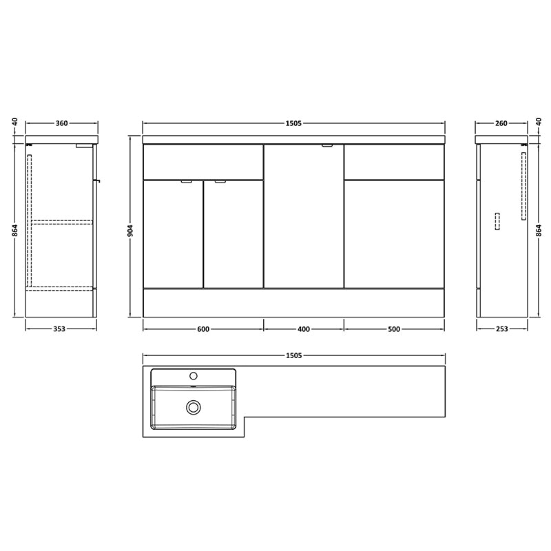 Hudson Reed Fusion Floor Standing Triple Door 1500mm Vanity Basin & WC Unit - Left Hand Combination (1 size, 5 colours) - Brand New Bathrooms