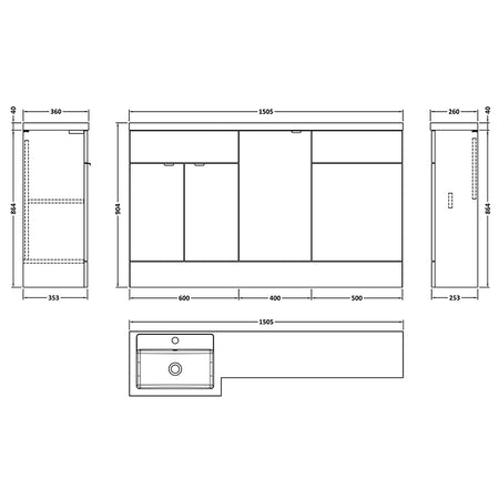Hudson Reed Fusion Floor Standing Triple Door 1500mm Vanity Basin & WC Unit - Left Hand Combination (1 size, 5 colours) - Brand New Bathrooms