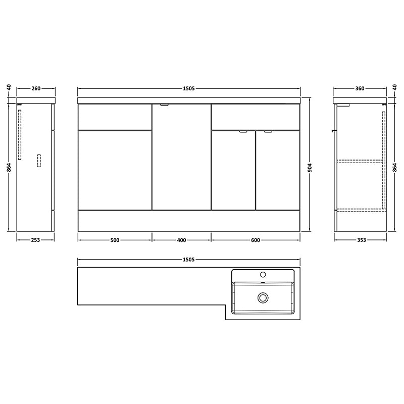 Hudson Reed Fusion Floor Standing Triple Door 1500mm Vanity Basin & WC Unit - Right Hand Combination (1 size, 5 colours) - Brand New Bathrooms