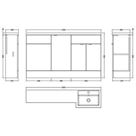 Hudson Reed Fusion Floor Standing Triple Door 1500mm Vanity Basin & WC Unit - Right Hand Combination (1 size, 5 colours) - Brand New Bathrooms