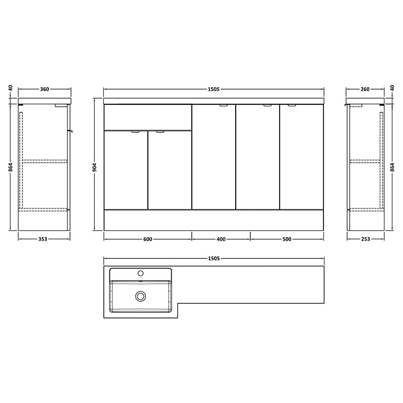 Hudson Reed Fusion Floor Standing Five Door 1500mm Vanity Basin Unit - Left Hand Combination (1 size, 5 colours) - Brand New Bathrooms