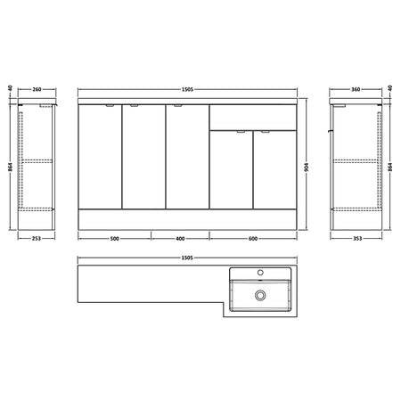 Hudson Reed Fusion Floor Standing Five Door 1500mm Vanity Basin Unit - Right Hand Combination (1 size, 5 colours) - Brand New Bathrooms