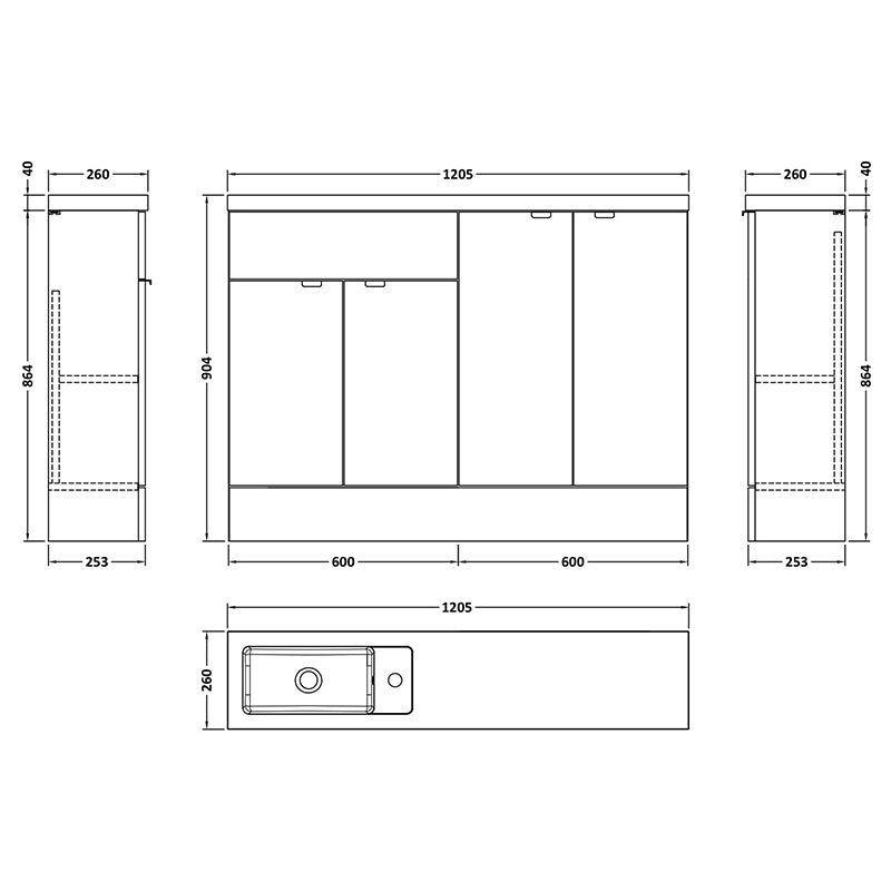 Hudson Reed Fusion Floor Standing Four Door 1200mm Compact Vanity Basin Combination (1 size, 5 colours) - Brand New Bathrooms