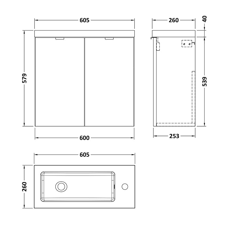 Hudson Reed Fusion Wall Hung Double Door 600mm Vanity Unit & Polymarble Basin (1 size, 5 colours) - Brand New Bathrooms