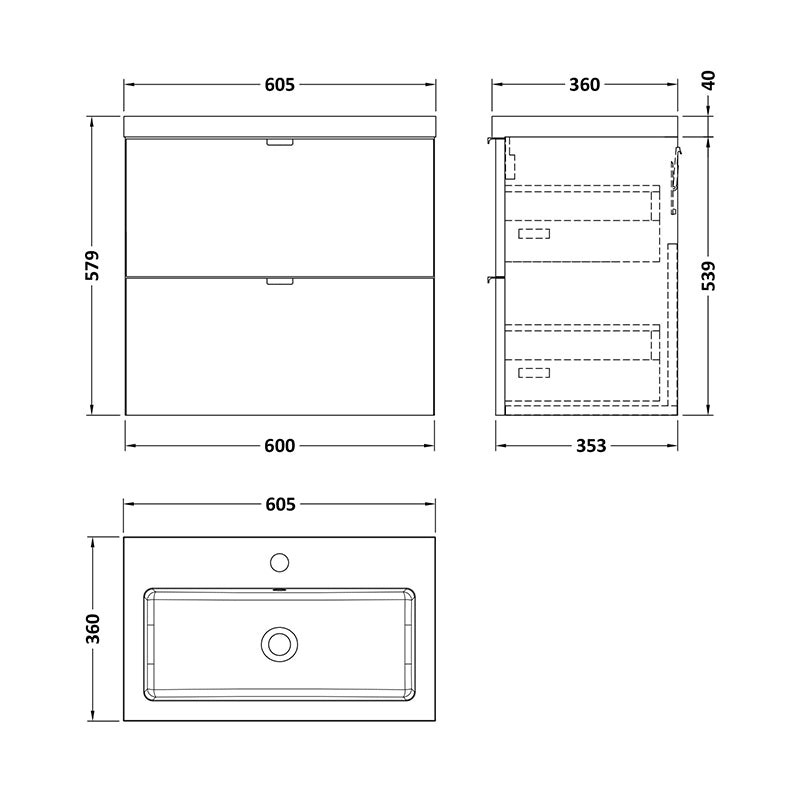 Hudson Reed Fusion Wall Hung Double Drawer 600mm Vanity Unit & Polymarble Basin (1 sizes, 5 colours) - Brand New Bathrooms