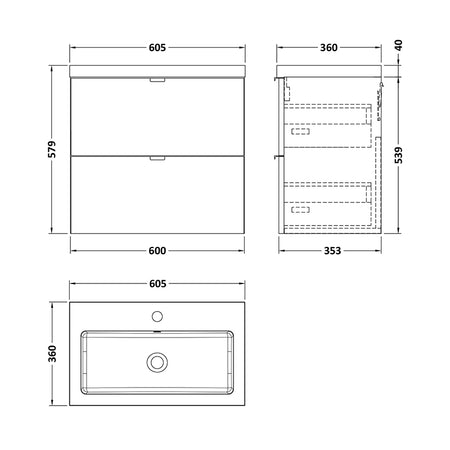 Hudson Reed Fusion Wall Hung Double Drawer 600mm Vanity Unit & Polymarble Basin (1 sizes, 5 colours) - Brand New Bathrooms