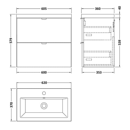 Hudson Reed Fusion Wall Hung Double Drawer 600mm Vanity Unit & Ceramic Basin (1 size, 5 colours) - Brand New Bathrooms