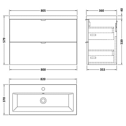 Hudson Reed Fusion Wall Hung Double Drawer 800mm Vanity Unit & Ceramic Basin (1 size, 4 colours) - Brand New Bathrooms