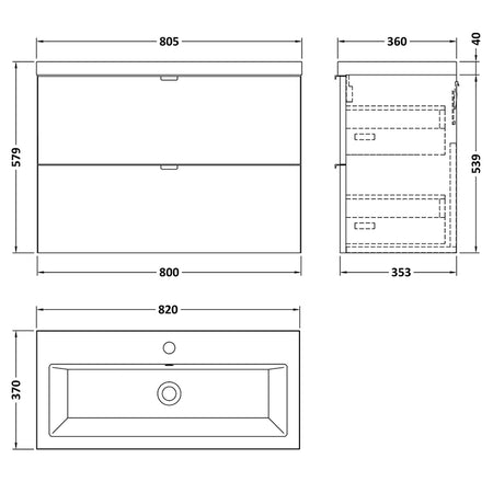 Hudson Reed Fusion Wall Hung Double Drawer 800mm Vanity Unit & Ceramic Basin (1 size, 4 colours) - Brand New Bathrooms