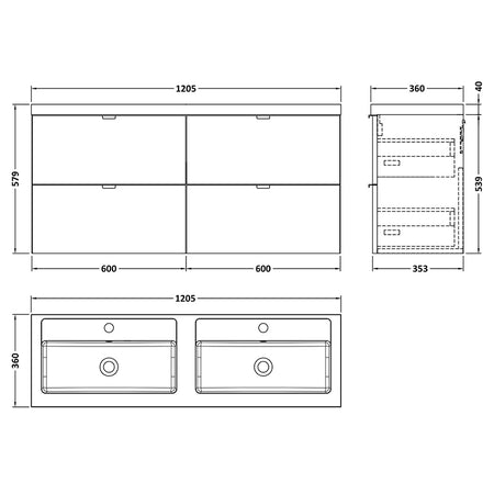 Hudson Reed Fusion Wall Hung Four Drawer 1200mm Vanity Unit & Twin Polymarble Basin (1 size, 4 colours) - Brand New Bathrooms