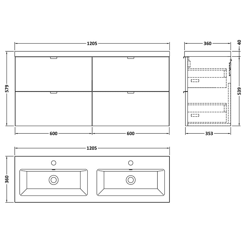Hudson Reed Fusion Wall Hung Four Drawer 1200mm Vanity Unit & Twin Ceramic Basin (1 size, 4 colours) - Brand New Bathrooms