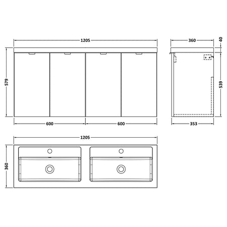 Hudson Reed Fusion Wall Hung Four Door 1200mm Vanity Unit & Twin Polymarble Basin (1 size, 4 colours) - Brand New Bathrooms