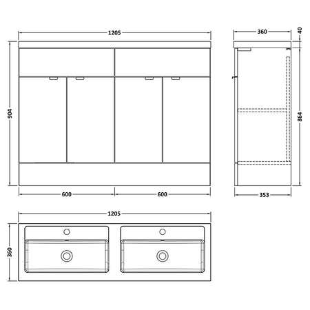 Hudson Reed Fusion Floor Standing Four Door 1200mm Vanity Unit & Twin Polymarble Basin (1 size, 4 colours) - Brand New Bathrooms