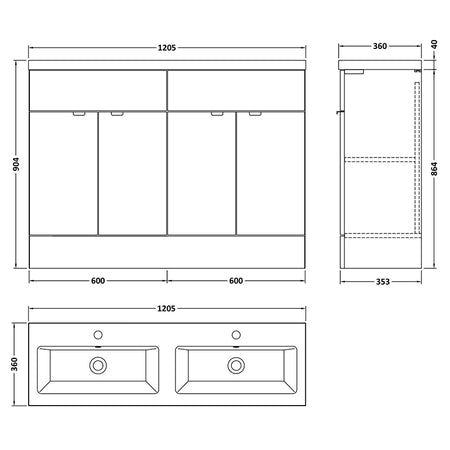 Hudson Reed Fusion Floor Standing Four Door 1200mm Vanity Unit & Twin Ceramic Basin (1 size, 4 colours) - Brand New Bathrooms