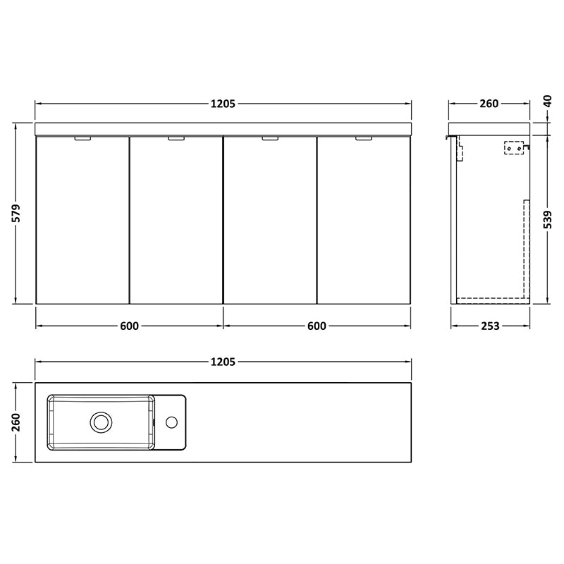 Hudson Reed Fusion Wall Hung Four Door 1200mm Compact Vanity Unit & Basin (1 size, 4 colours) - Brand New Bathrooms