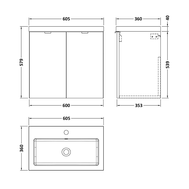 Hudson Reed Fusion Wall Hung Double Door 600mm Compact Vanity Unit & Polymarble Basin (1 size, 4 colours) - Brand New Bathrooms