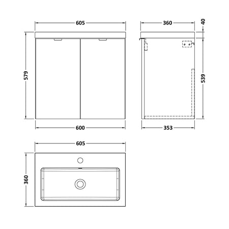 Hudson Reed Fusion Wall Hung Double Door 600mm Compact Vanity Unit & Polymarble Basin (1 size, 4 colours) - Brand New Bathrooms