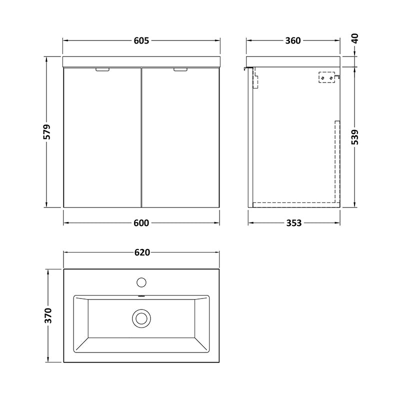 Hudson Reed Fusion Wall Hung Double Door 600mm Vanity Unit & Ceramic Basin (1 size, 4 colours) - Brand New Bathrooms