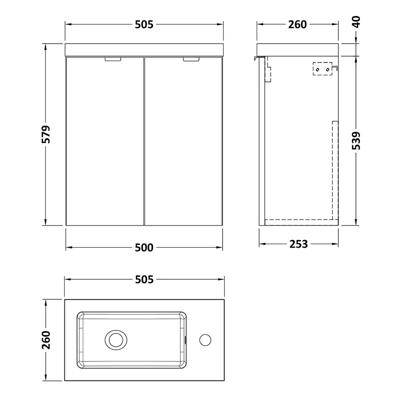 Hudson Reed Fusion Wall Hung Double Door 500mm Compact Vanity Unit & Polymarble Basin (1 size, 4 colours) - Brand New Bathrooms