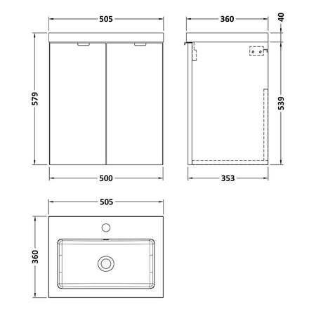 Hudson Reed Fusion Wall Hung Double Door 500mm Vanity Unit & Polymarble Basin (1 size, 4 colours) - Brand New Bathrooms