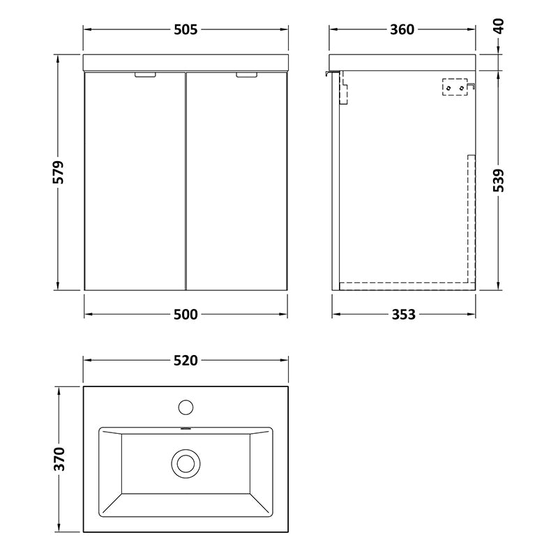 Hudson Reed Fusion Wall Hung Double Door 500mm Vanity Unit & Ceramic Basin (1 size, 4 colours) - Brand New Bathrooms