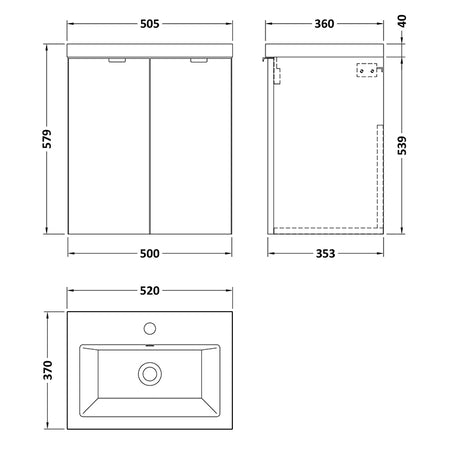 Hudson Reed Fusion Wall Hung Double Door 500mm Vanity Unit & Ceramic Basin (1 size, 4 colours) - Brand New Bathrooms