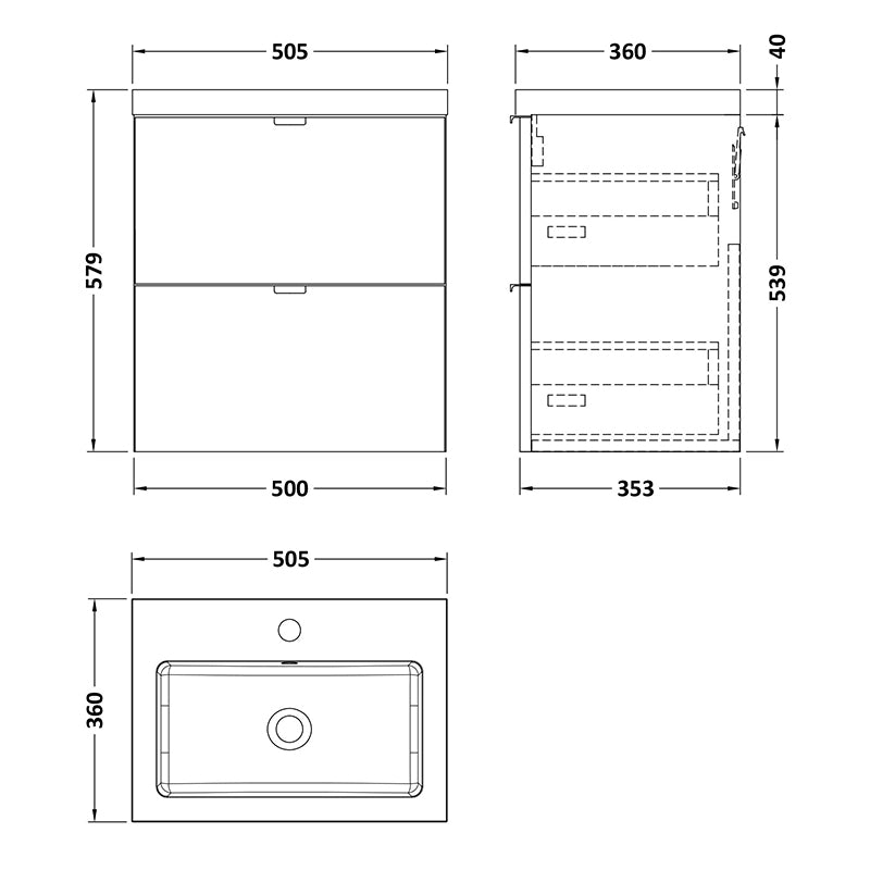 Hudson Reed Fusion Wall Hung Double Drawer 500mm Vanity Unit & Polymarble Basin (1 size, 4 colours) - Brand New Bathrooms