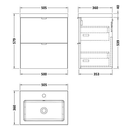 Hudson Reed Fusion Wall Hung Double Drawer 500mm Vanity Unit & Polymarble Basin (1 size, 4 colours) - Brand New Bathrooms