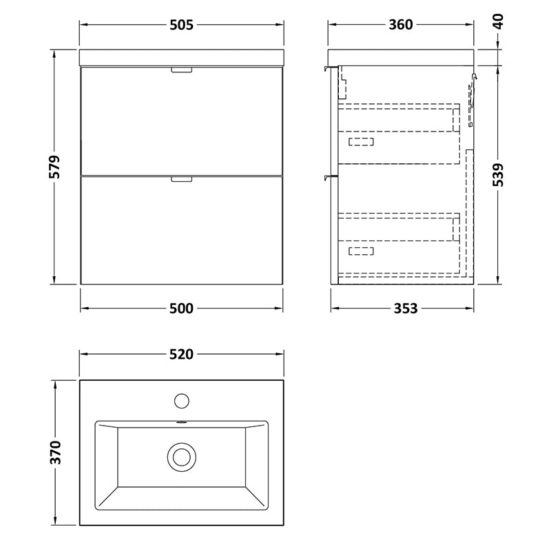 Hudson Reed Fusion Wall Hung Double Drawer 500mm Vanity Unit & Ceramic Basin (1 size, 4 colours) - Brand New Bathrooms