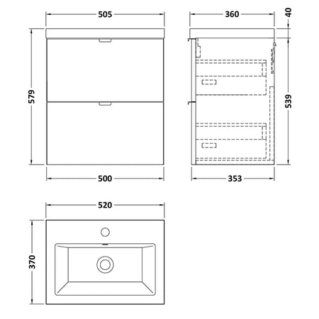 Hudson Reed Fusion Wall Hung Double Drawer 500mm Vanity Unit & Ceramic Basin (1 size, 4 colours) - Brand New Bathrooms