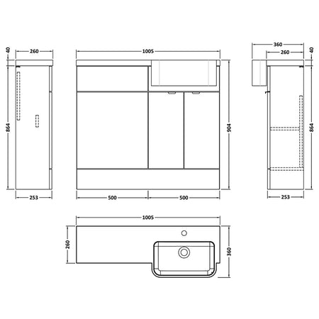 Hudson Reed Fusion Floor Standing Double Door 1000mm Vanity Unit & WC Unit with Right Hand Semi Recessed Basin Combination (1 size, 4 colours) - Brand New Bathrooms