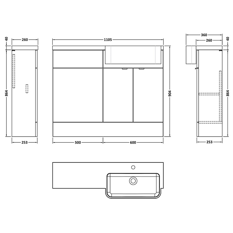 Hudson Reed Fusion Floor Standing Double Door 1100mm Vanity Unit & WC Unit with Right Hand Semi Recessed Basin Combination (1 size, 4 colours) - Brand New Bathrooms