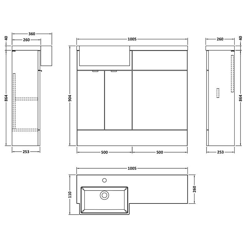 Hudson Reed Fusion Floor Standing Double Door 1000mm Vanity Unit & WC Unit with Left Hand Semi Recessed Basin Combination (1 size, 4 colours) - Brand New Bathrooms