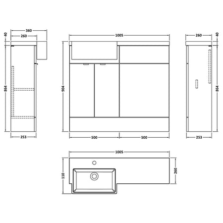 Hudson Reed Fusion Floor Standing Double Door 1000mm Vanity Unit & WC Unit with Left Hand Semi Recessed Basin Combination (1 size, 4 colours) - Brand New Bathrooms
