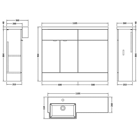 Hudson Reed Fusion Floor Standing Double Door 1100mm Vanity Unit & WC Unit with Left Hand Semi Recessed Basin Combination (1 size, 4 colours) - Brand New Bathrooms