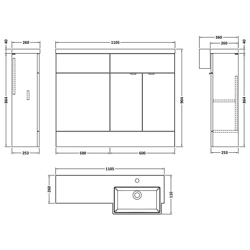 Hudson Reed Fusion Floor Standing Double Door 1100mm Vanity Unit & WC Unit with Right Hand Semi Recessed Basin Combination (1 size, 4 colours) - Brand New Bathrooms