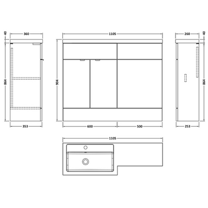 Hudson Reed Fusion Floor Standing 1100mm Double Door Vanity Unit, Basin & WC Unit - Left Hand Combination (1 size, 5 colours) - Brand New Bathrooms