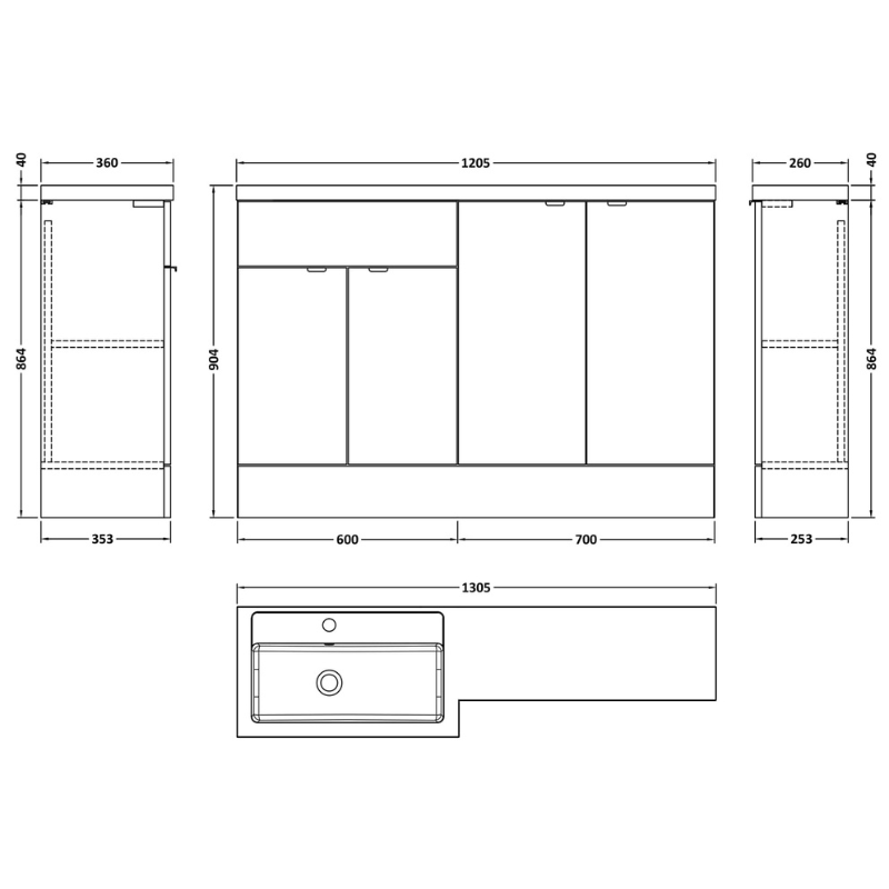 Hudson Reed Fusion Floor Standing Four Door 1200mm Vanity Unit & Basin - Left Hand Combination (1 size, 5 colours) - Brand New Bathrooms
