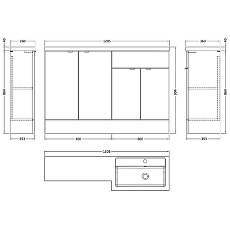 Hudson Reed Fusion Floor Standing Four Door 1200mm Vanity Basin Unit - Right Hand Combination (1 size, 5 colours) - Brand New Bathrooms