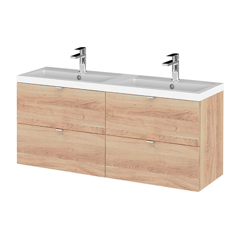 Hudson Reed Fusion Wall Hung Four Drawer 1200mm Vanity & Double Polymarble Basin (1 size, Bleached Oak) - Brand New Bathrooms