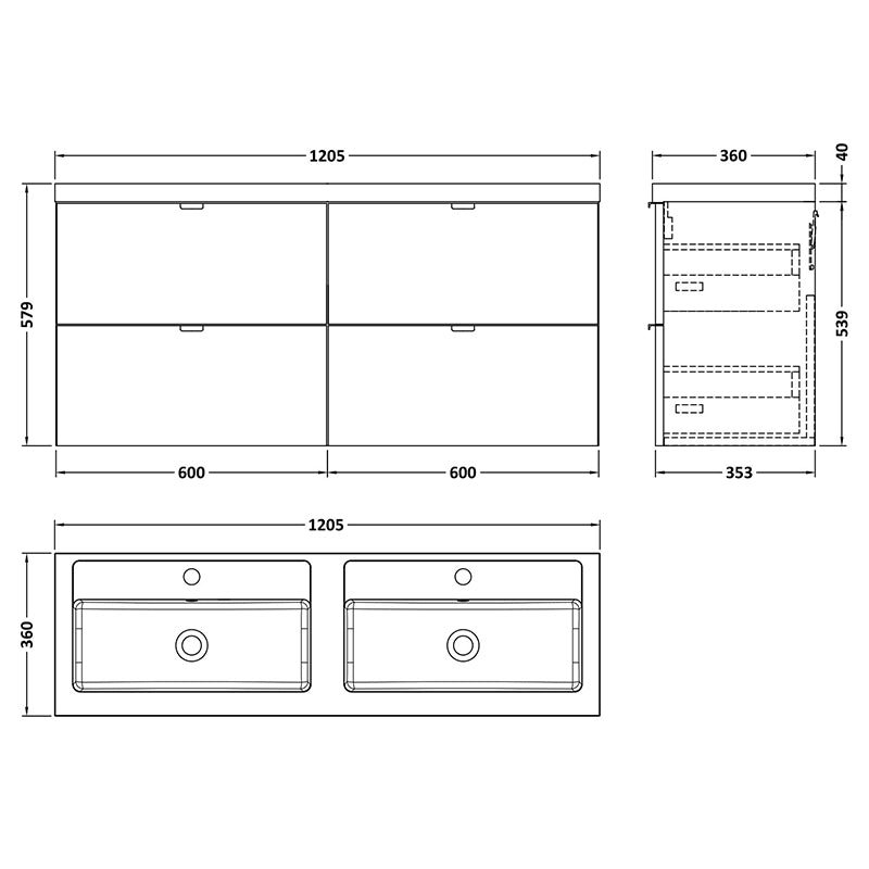 Hudson Reed Fusion Wall Hung Four Drawer 1200mm Vanity & Double Polymarble Basin (1 size, Bleached Oak) - Brand New Bathrooms