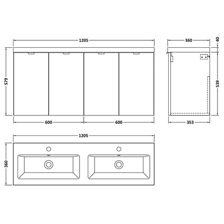 Hudson Reed Fusion Wall Hung Four Door 1200mm Vanity & Double Ceramic Basin (1 size, Bleached Oak) - Brand New Bathrooms
