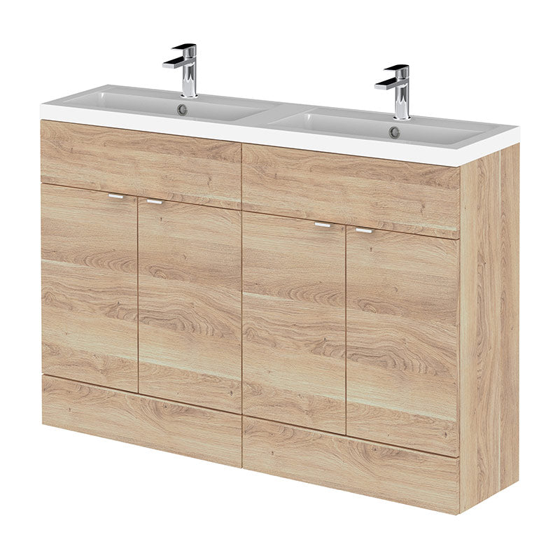 Hudson Reed Fusion Floor Standing Four Door 1200mm Vanity & Double Ceramic Basin (1 size, Bleached Oak) - Brand New Bathrooms