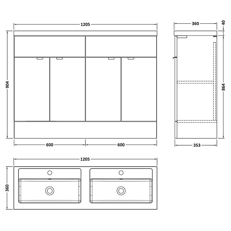 Hudson Reed Fusion Floor Standing Four Door 1200mm Vanity & Double Polymarble Basin (1 size, Bleached Oak) - Brand New Bathrooms