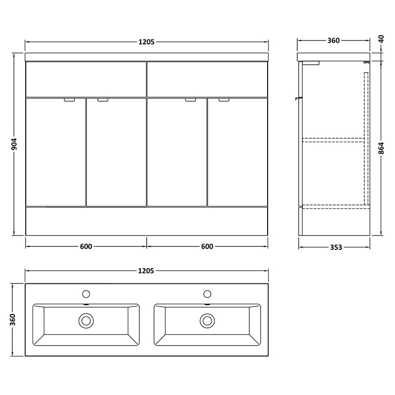 Hudson Reed Fusion Floor Standing Four Door 1200mm Vanity & Double Ceramic Basin (1 size, Bleached Oak) - Brand New Bathrooms