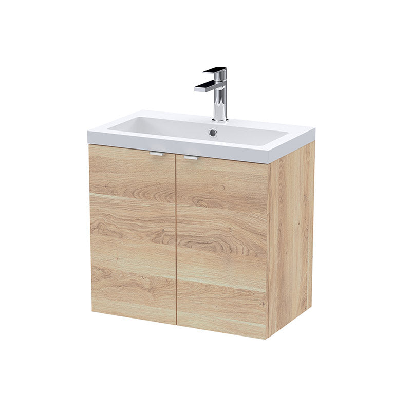 Hudson Reed Fusion Double Door 600mm Wall Hung Unit & Polymarble Basin (1 size, Bleached Oak) - Brand New Bathrooms