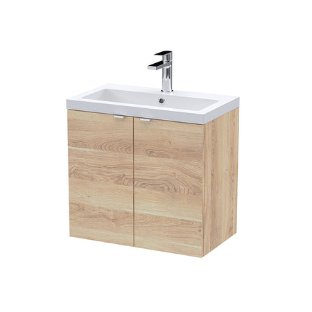 Hudson Reed Fusion Double Door 600mm Wall Hung Unit & Polymarble Basin (1 size, Bleached Oak) - Brand New Bathrooms