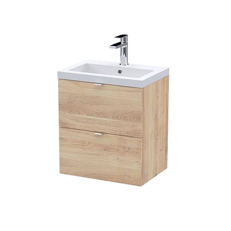 Hudson Reed Fusion Double Drawer 500mm Wall Hung Unit & Polymarble Basin (1 size, Bleached Oak) - Brand New Bathrooms