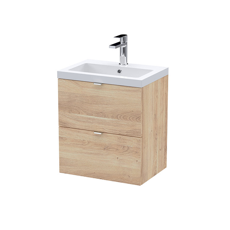 Hudson Reed Fusion Double Drawer 500mm Wall Hung Unit & Ceramic Basin (1 size, Bleached Oak) - Brand New Bathrooms